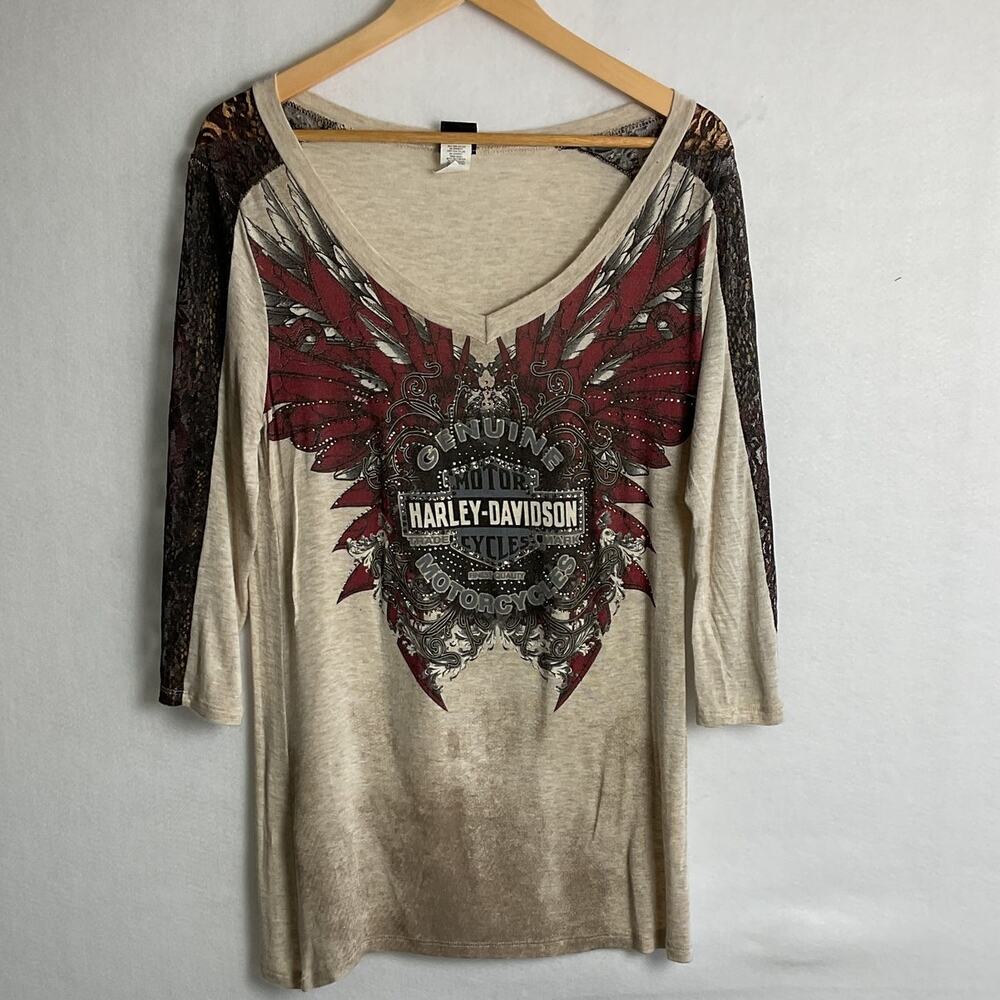 Harley Davidson Lace Sleeve Top Womens Large - Picture 2 of 7
